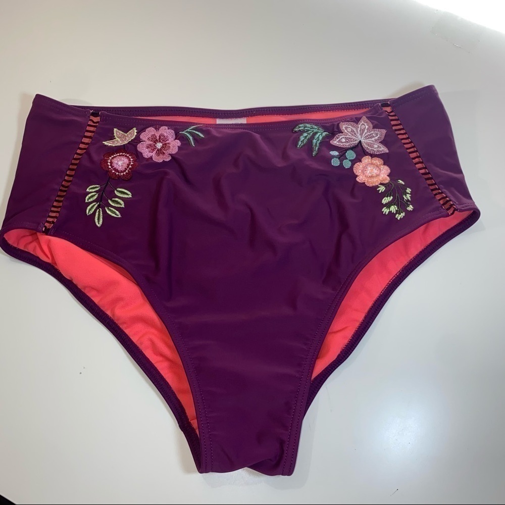 Time & Tru Bikini Bottom High Waist Floral Embroidered Cut Out Bottom
